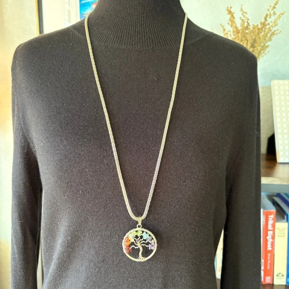 Silver Tone Tree of Life Pendant Long‎ Necklace Adjustable Chain